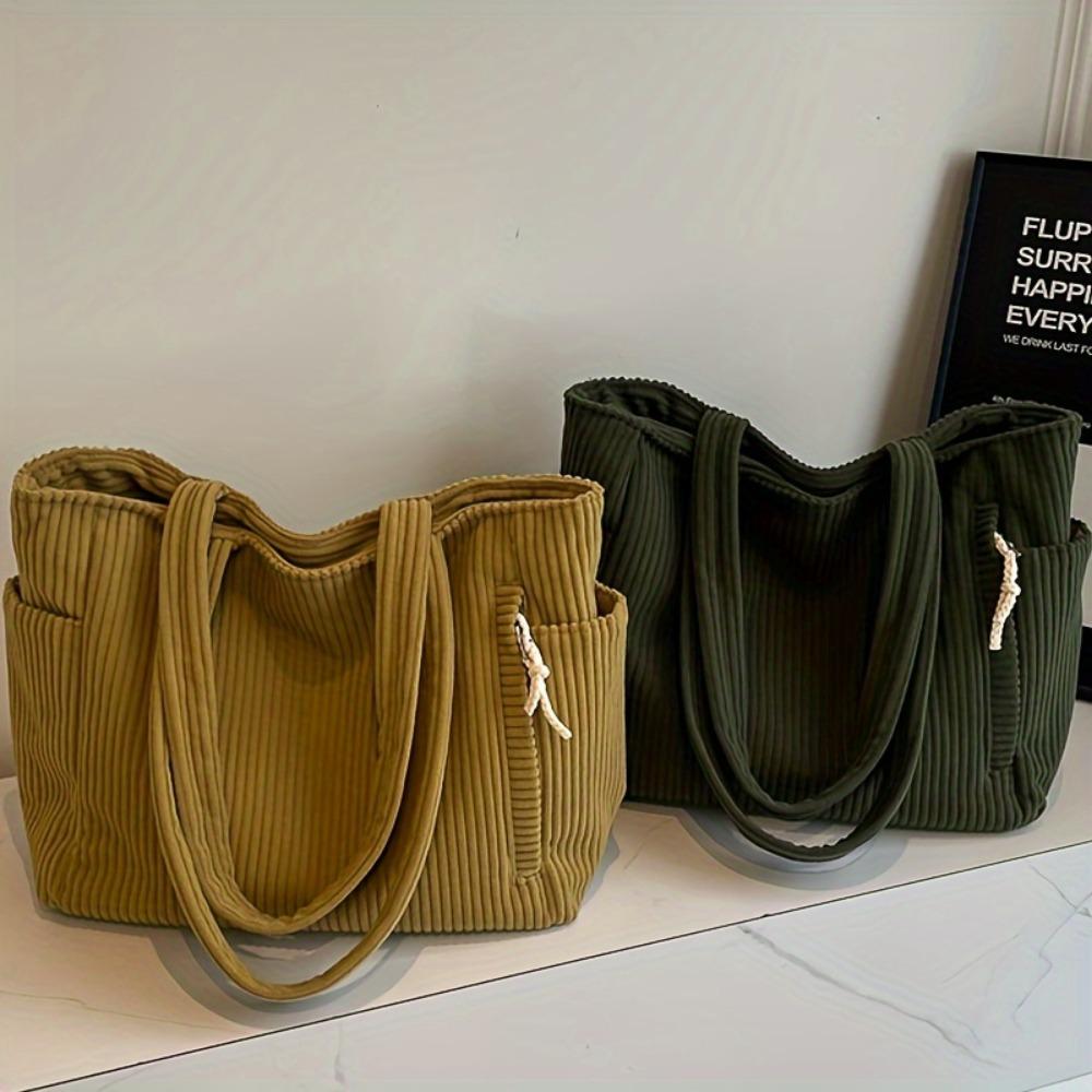 A Casual Corduroy Handbag with Zip Closure, Lightweight and Large Capacity, Fixed Shoulder Strap and Polyester Lining, Solid Everyday Commuter Handbag
