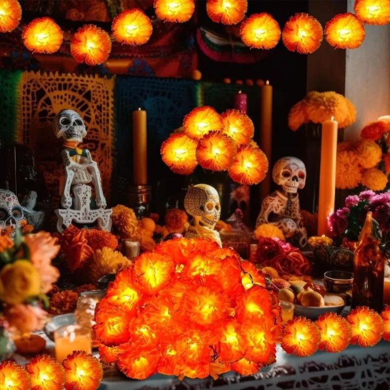 5 Ft LED Orange Marigold Garland Lights for Day of The Dead Halloween Diwali Holiday Party Home Decoration Christmas Supplies