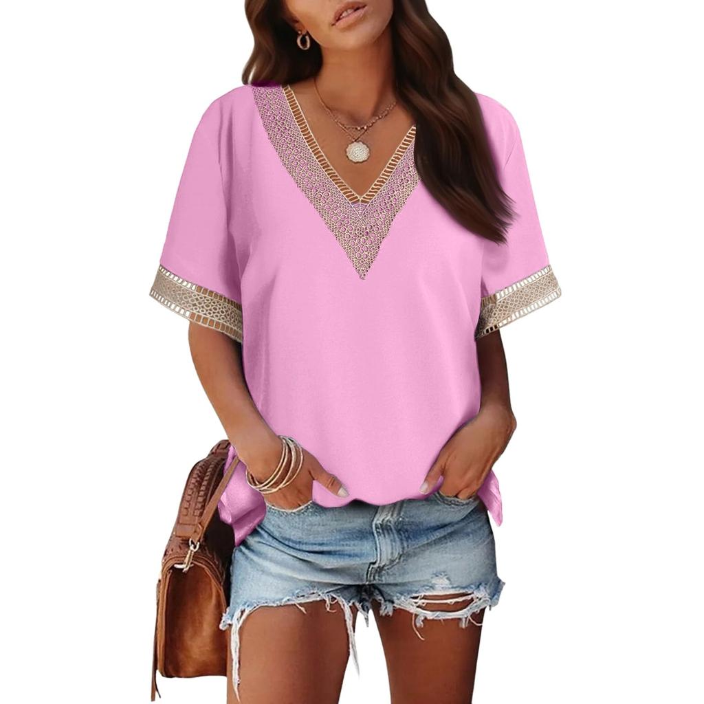Women's Fashion Solid Color Loose T-shirt Lace Lace Short Sleeve Chiffon Top