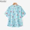 ZANZEA Women Summer V-Neck Casual Short Sleeve Irregular Floral Print Blouse