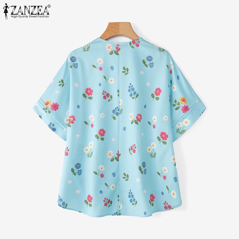 ZANZEA Women Summer V-Neck Casual Short Sleeve Irregular Floral Print Blouse