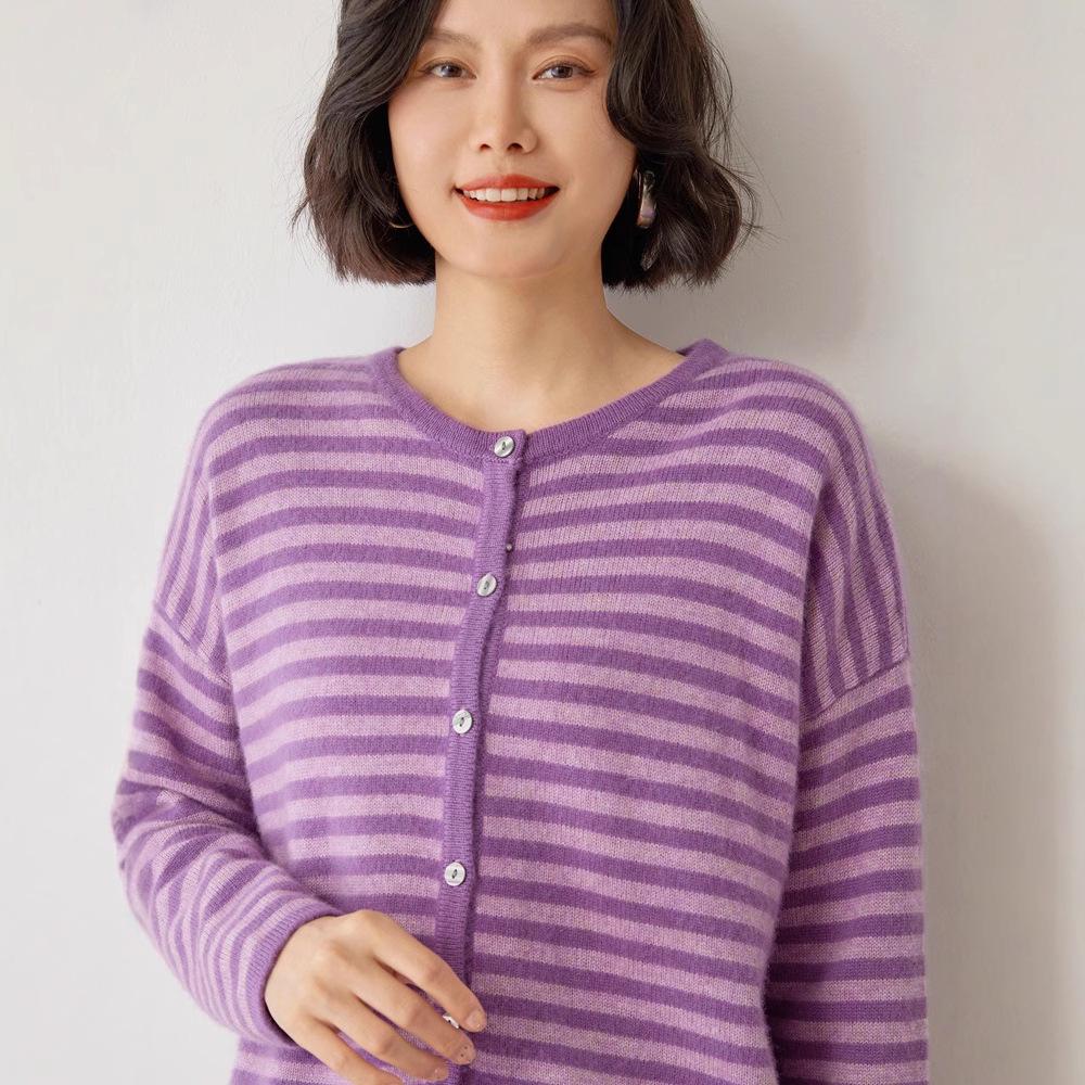 Korean Style Striped Cashmere Women's Knit Cardigan - Warm, Soft, and Skin-Friendly Outerwear Sweater.