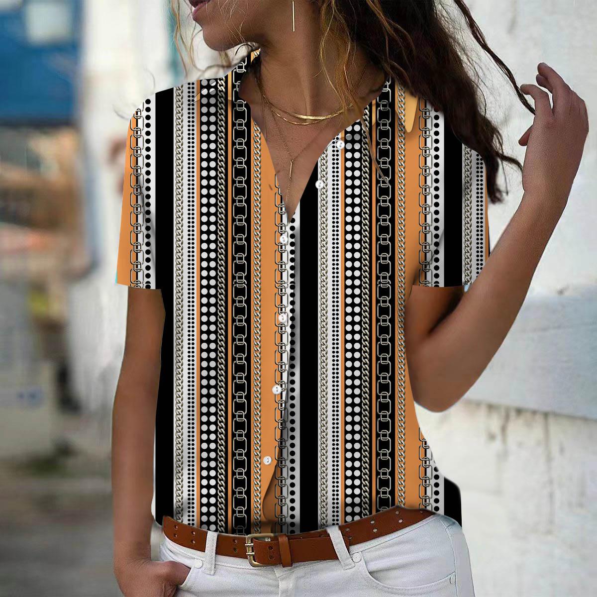 

Лето 2025 Новая Мода Женская Полосатая Принтованная Футболка с Коротким Рукавом и V-образным Вырезом Повседневная Застегивающаяся на Пуговицы Рубашка Топ XL оранжевый