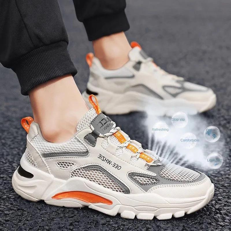 

Fashion Men s breathable mesh hollowed out casual sports shoes summer comfort soft sole anti slip outdoor running shoes male s sneakers 39 бежевый