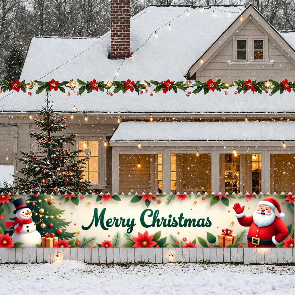 Seasonal Decoration Poinsettia Pattern Holiday Banner Christmas Party Decor Santa Claus Theme Christmas Banner For Holiday Party