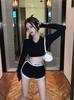 Black sports suit Spice girl long-sleeved T-shirt short top women's summer high-waisted tight casual shorts two-piece set