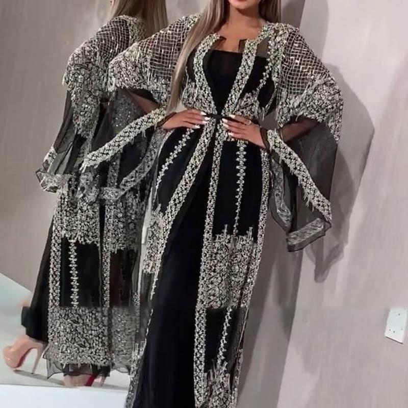 

Women Evening Dress Elegant Shiny Bronzed Party Dress Set Mesh Cardigan Long Dress Shawl Birthday XL чорний