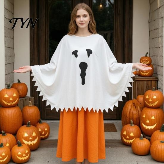 Durable Ghost Outfit for Halloween Decoration Poncho Costume Kids Adults, Spooky White Cloak Soft Friendly Dress Kindergarten Performance with