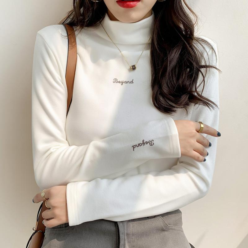 Letter embroidered semi-turtleneck bottoming shirt women's polished thermal long-sleeved T-shirt spring suit inner top