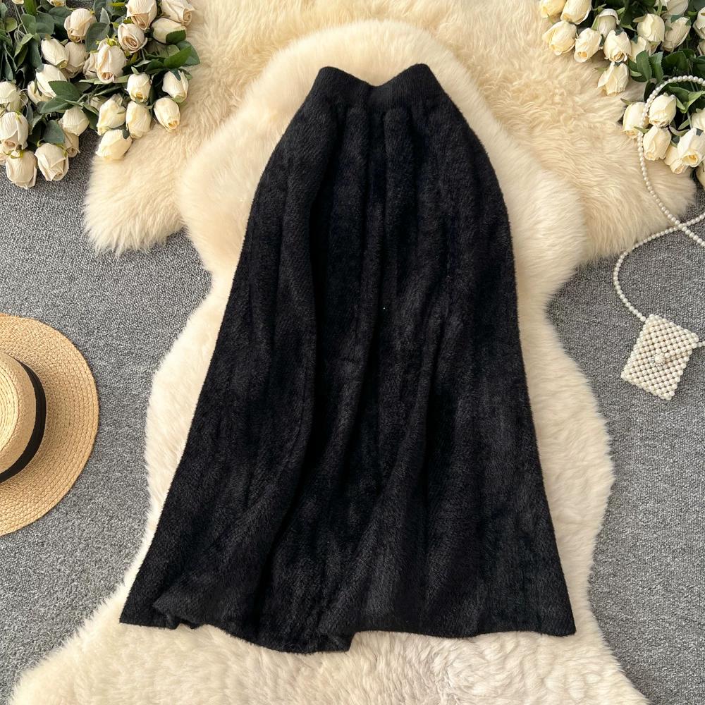 Autumn Winter Women Elegant Furry Knitted Long Midi High Waist A-line Skirt