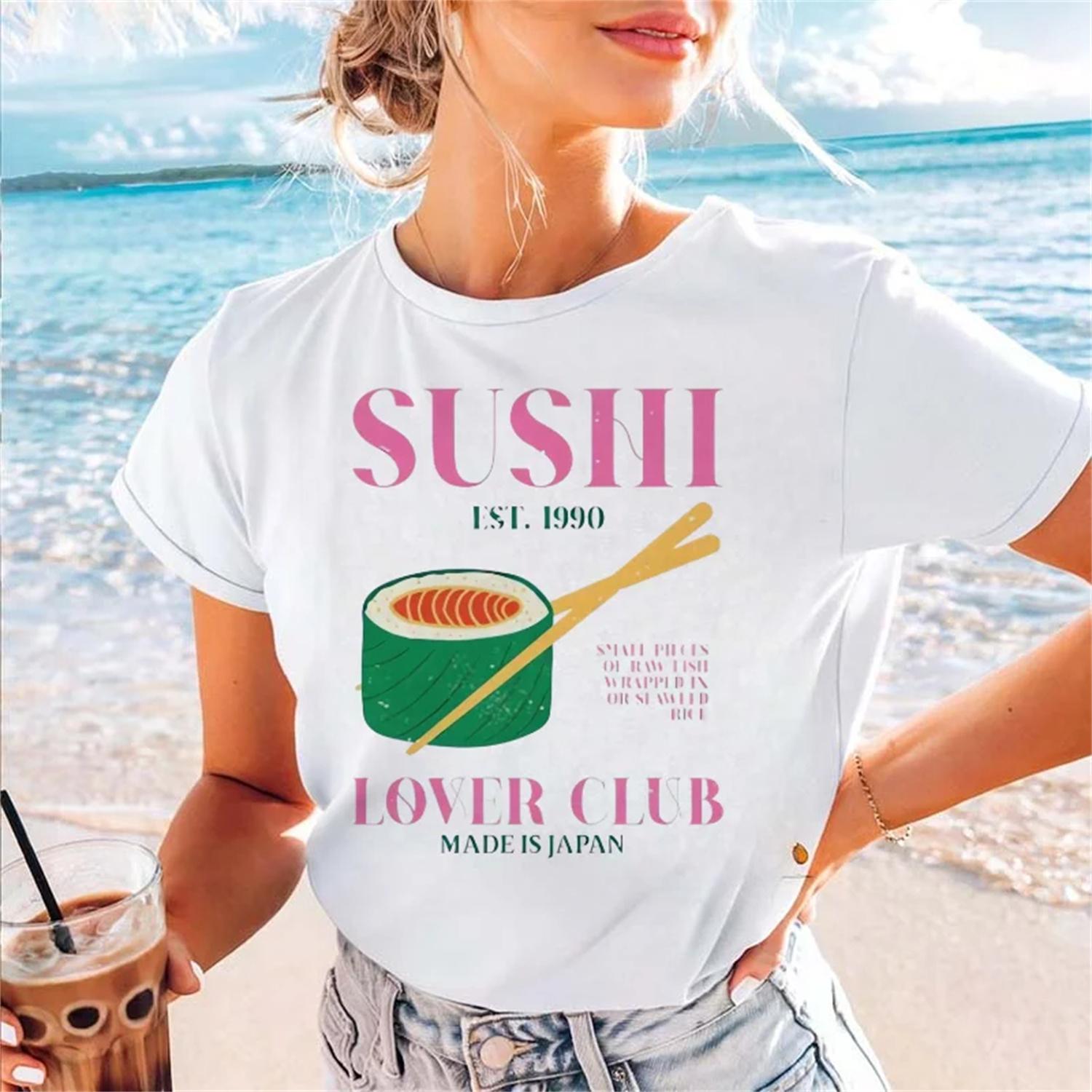Japanese Style Sushi Enthusiast Club Print Aesthetic Cute T-Shirt O-Neck Vacation New Top Sweet Summer Casual Top T-Shirt S