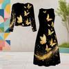 Women Plus Size Black Printed Two Piece Dress Set Round Neck Long Sleeve Cardigan Sleeveless Long Dress