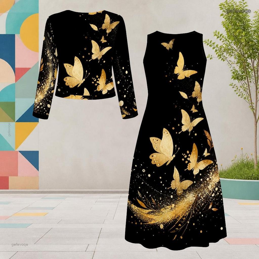 Women Plus Size Black Printed Two Piece Dress Set Round Neck Long Sleeve Cardigan Sleeveless Long Dress
