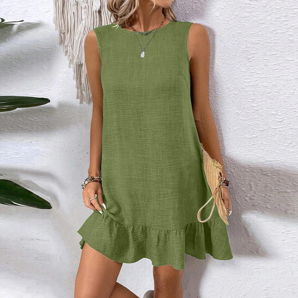 Women's Fashionable Color Round Neck Ruffle Edge Sleeveless Casual Dress