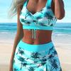 European and American New Printed Suspenders Fashionable Beach Large Size Swimsuit Three-piece Set Women's Conservative Shorts Hot Spring Swimsuit