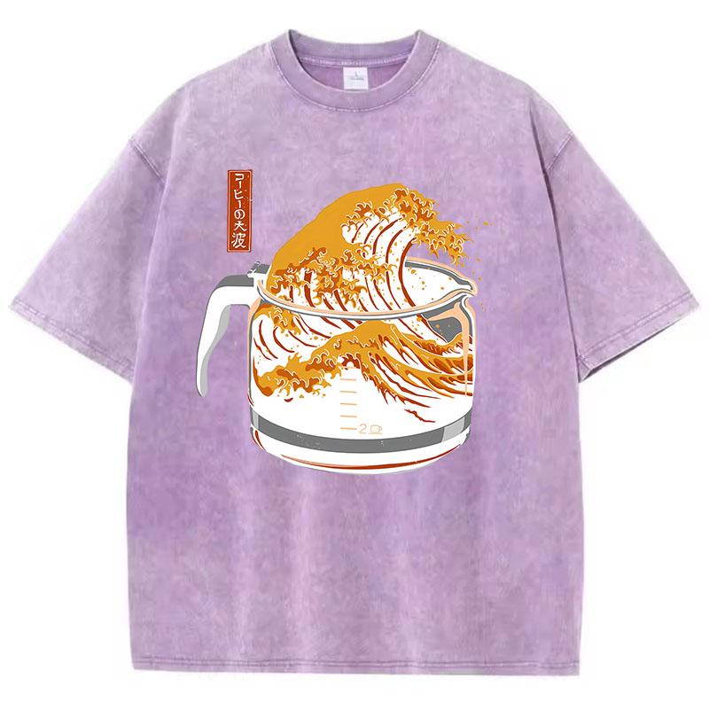 Retro T Shirt Vintage Washed Cotton T-Shirt Japanese Style Wave  Graphic Tee Casual Streetwear Spring Summer