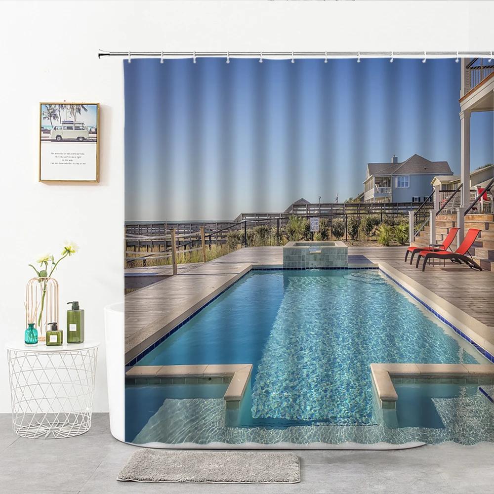 Swimming Pool Pattern Shower Curtain Exotic Ocean Bathroom Curtains Polyester Bathtub Screens Home Decoration with Hook