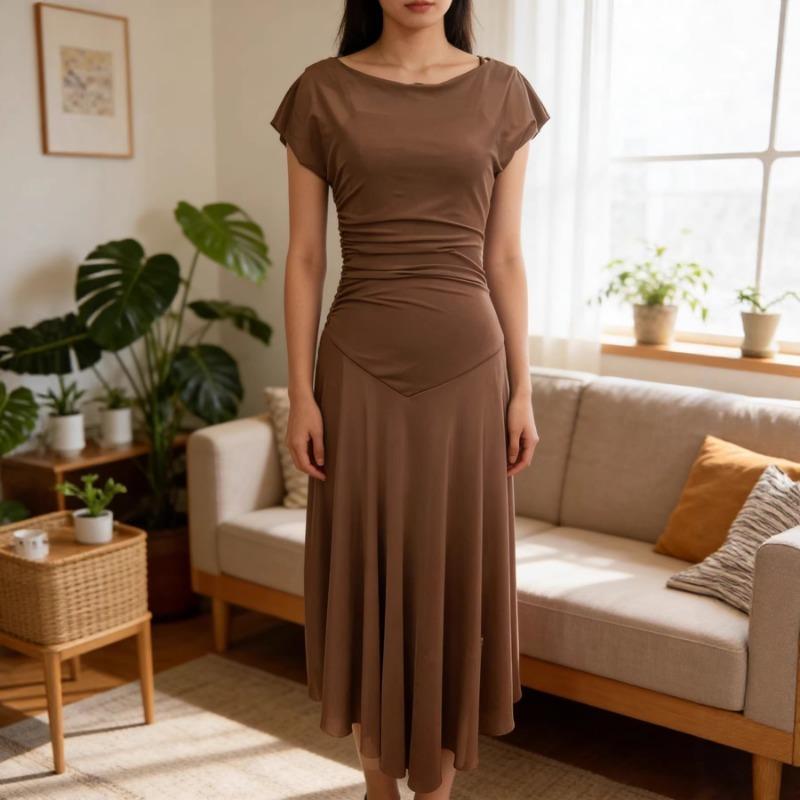 Womens Boat Neck Ruched Waist Asymmetrical Hem Midi Dress S коричневый