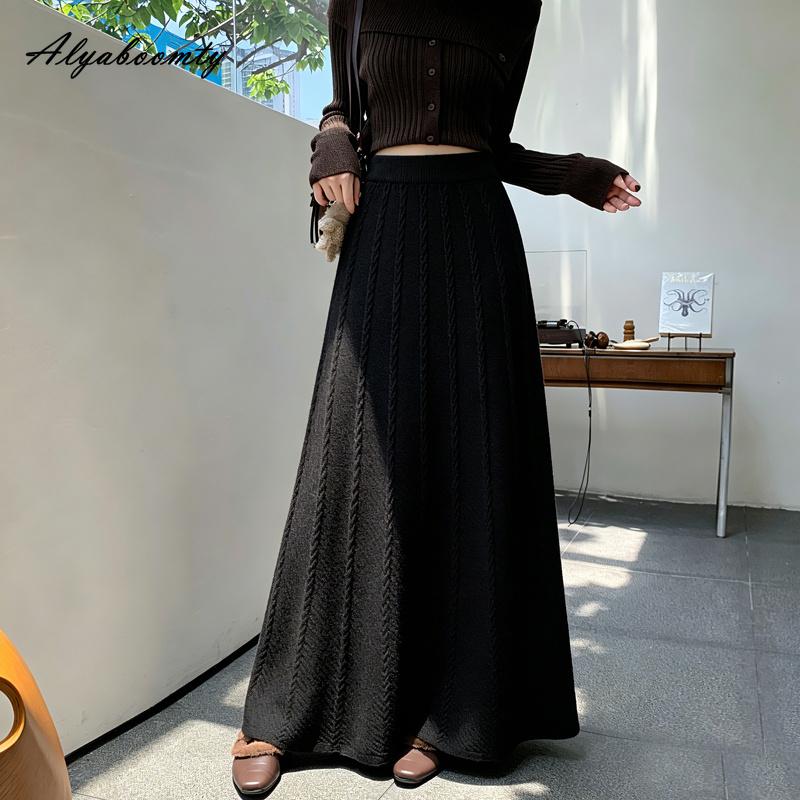 Moda Coreana Autunno Inverno Donna Gonna Lunga Maxi Vita Alta Beige Nero Grigio Lavorato a Maglia Gonna Femminile Elegante Lavorata a Maglia Calda Gonna Base