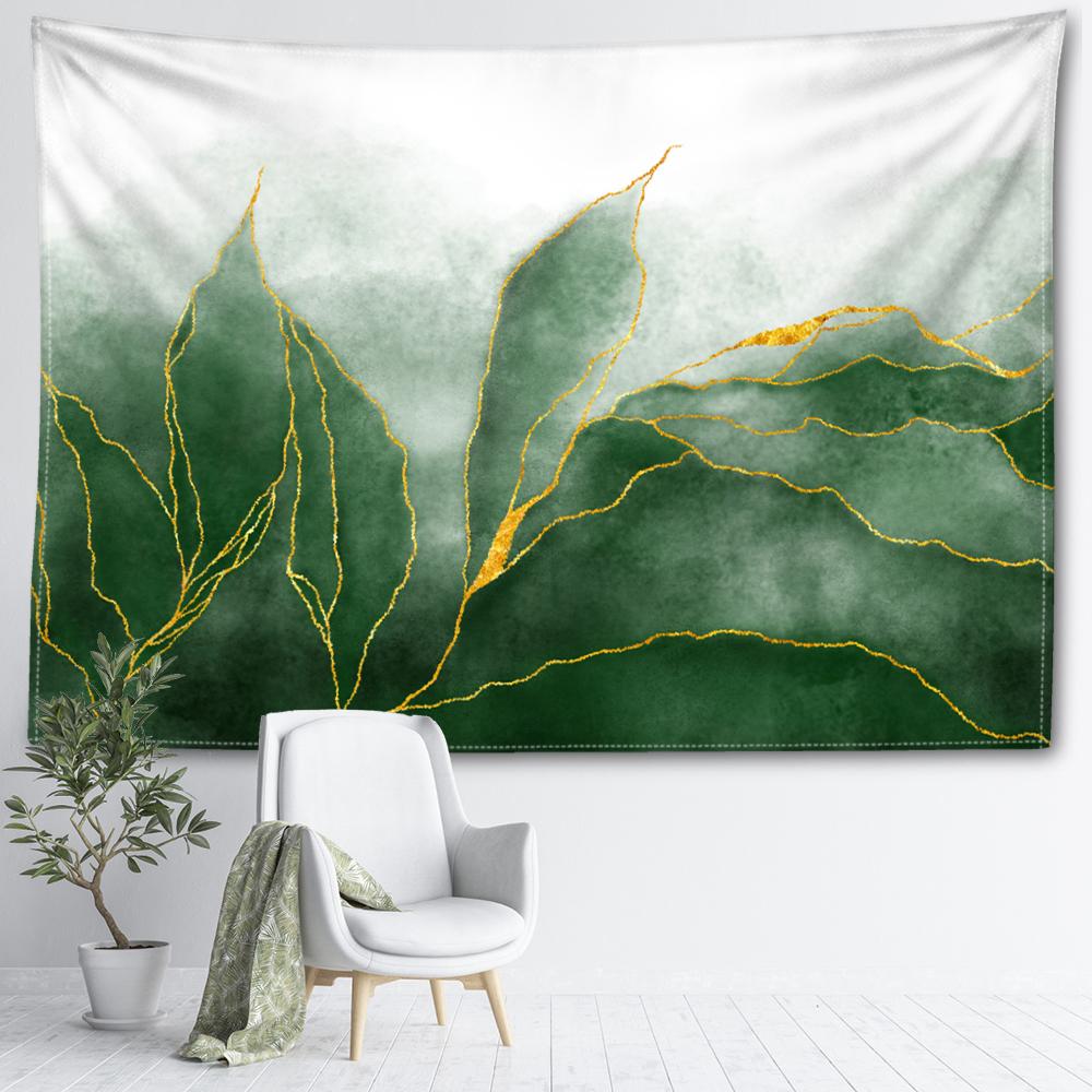 White Green Gilded Leaf Printed Tapestry, Modern Art Style Room Bedroom Study Living Room Wall Hanging Art Wall Decoration