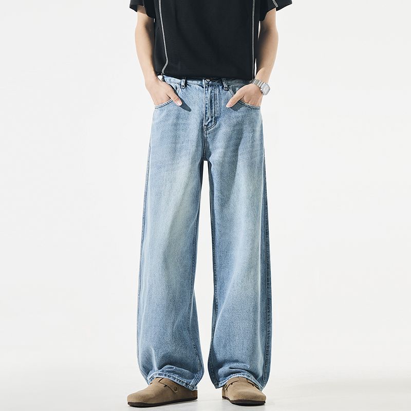 American retro trendy brand washed scimitar jeans men's trend fashion loose wide legs drape blue long pants