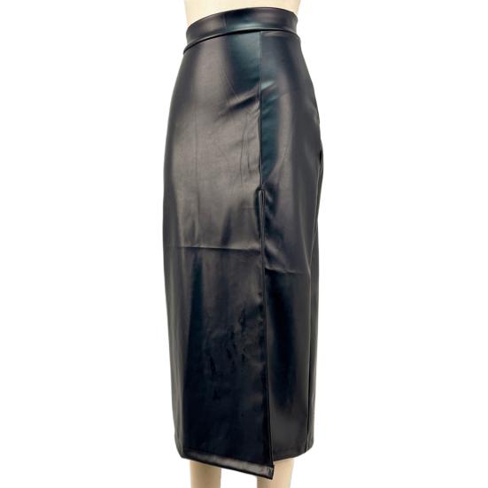 Midi Skirt High Waist Artificial Leather Hip Skirt with Slit Design Pure Color Slimming Fit Office Lady Skirt Work Leisure Daily Wear