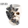 Multifunctional Skull Decor Gothic Butterfly Pen Holder, Spooky Resin Makeup Brush Holder Halloween Tea Light Candle for Desk, Shelf Planter And