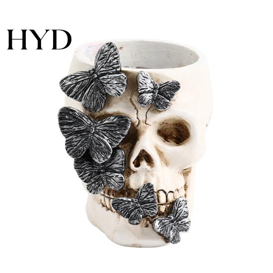 Multifunctional Skull Decor Gothic Butterfly Pen Holder, Spooky Resin Makeup Brush Holder Halloween Tea Light Candle for Desk, Shelf Planter And белый