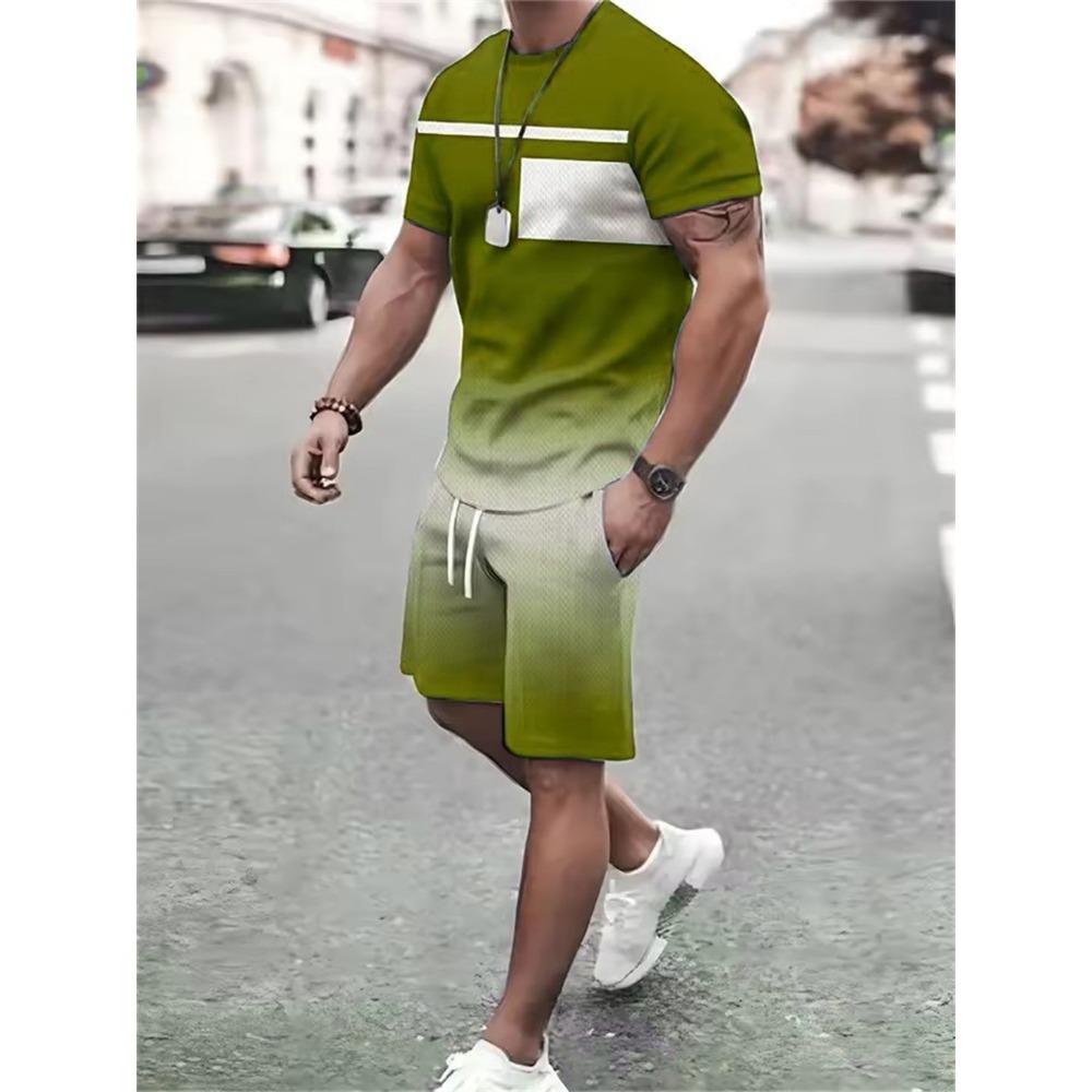 Striped And Geometric Pattern Men's Fashion Tie-dye Sets Summer 3d Gradient Printed Short Sleeve T-Shirts And Shorts Two Piece