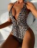 Fato de Banho Feminino Estampa Leopardo Halter Recorte Anel Sexy Amarrar nas Costas Biquíni Roupa de Praia Fatos de Banho