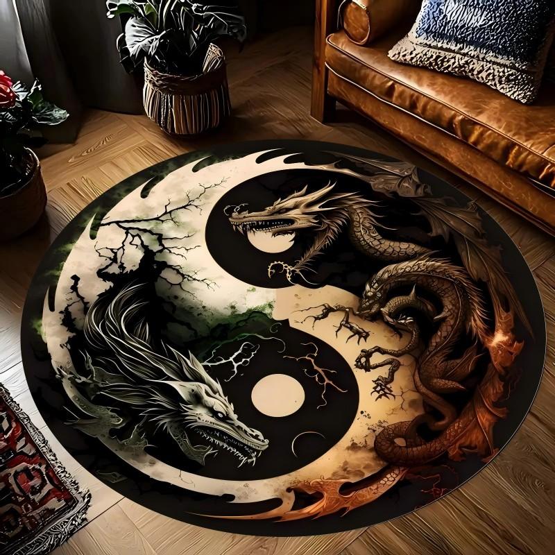 Yin Yang Dragon Printed Round Carpets for Home Living Room Rug Bedroom Decor Rug Non Slip Washable Flannel Floor Mat
