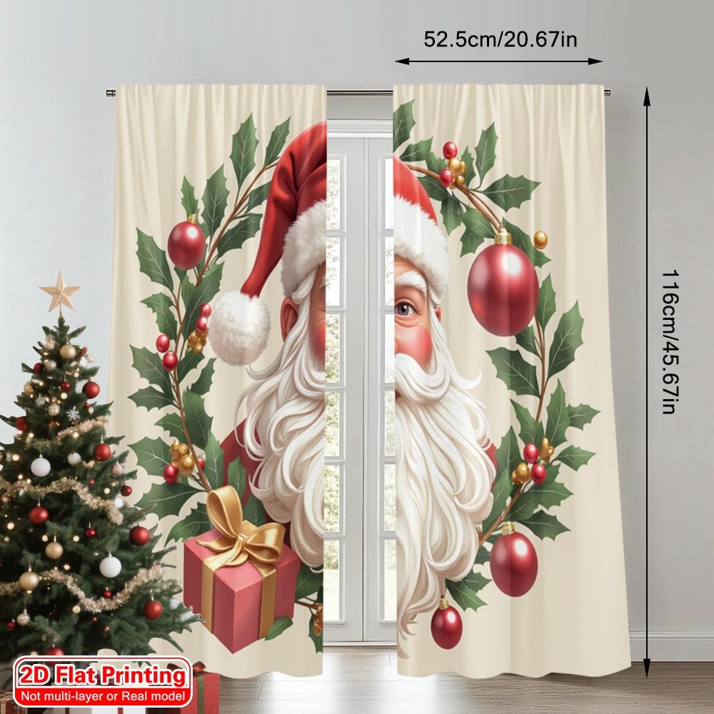 2pcs 2D Flat Printing Christmas Drapes Christmas Santa Claus Holly Ornaments 100% Polyester Fabric Without Electricity Party
