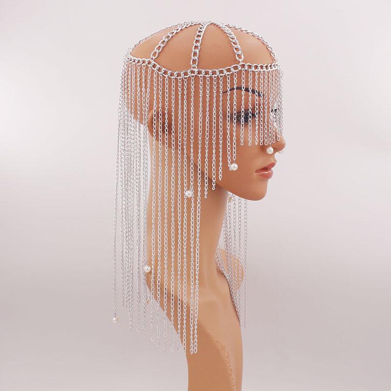 Exaggerated Long Tassel Aluminum Chain Headpiece with Pearl Pendant for Women