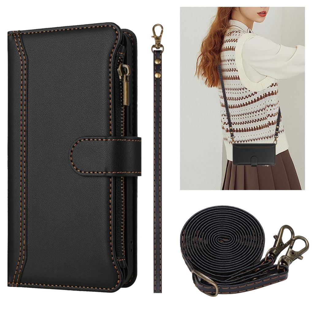 Leather Wallet Flip Case For Doogee N55 Plus N60 Pro Note 58 59 56 56x with Card Slots, Zipper Pocket, Crossbody Strap and Wristlet