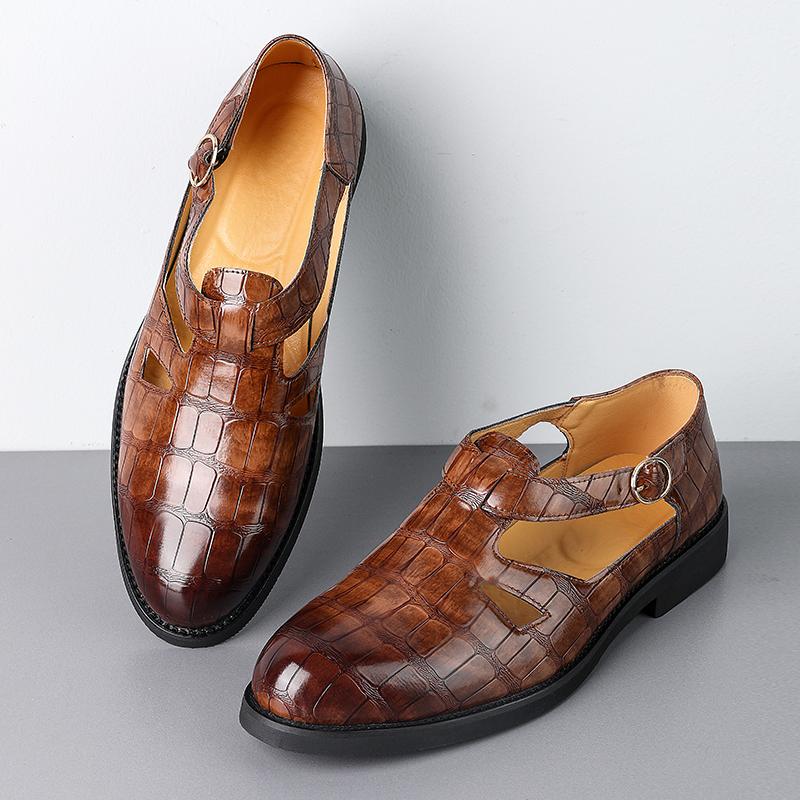 Trend Nieuwe Rome Puntige Neus Casual Leer Geperforeerd Ademende Schoenen voor Mannen Designer Sandalen Bruidsjurk Formele Platte Schoenen