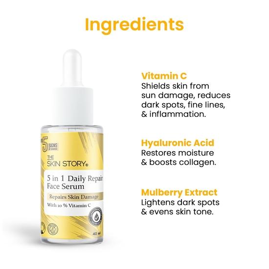 The Skin Story Vitamin C Face Serum 10% | 5-in-1 Daily Face Repair | Enriched with Hyaluronic Acid & Mulberry | Suitable for All Skin Types (40ml)