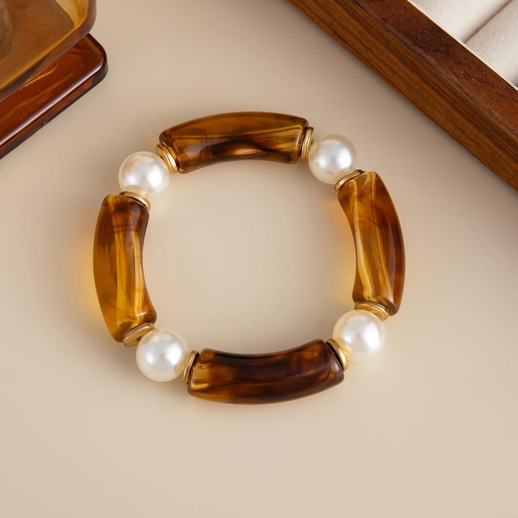 Salircon Vintage Brown Coffee Elastic Acrylic Bamboo Bangle Bracelets for Women Hip Hop Metal Cuff Spring Wide Bangles Jewelry