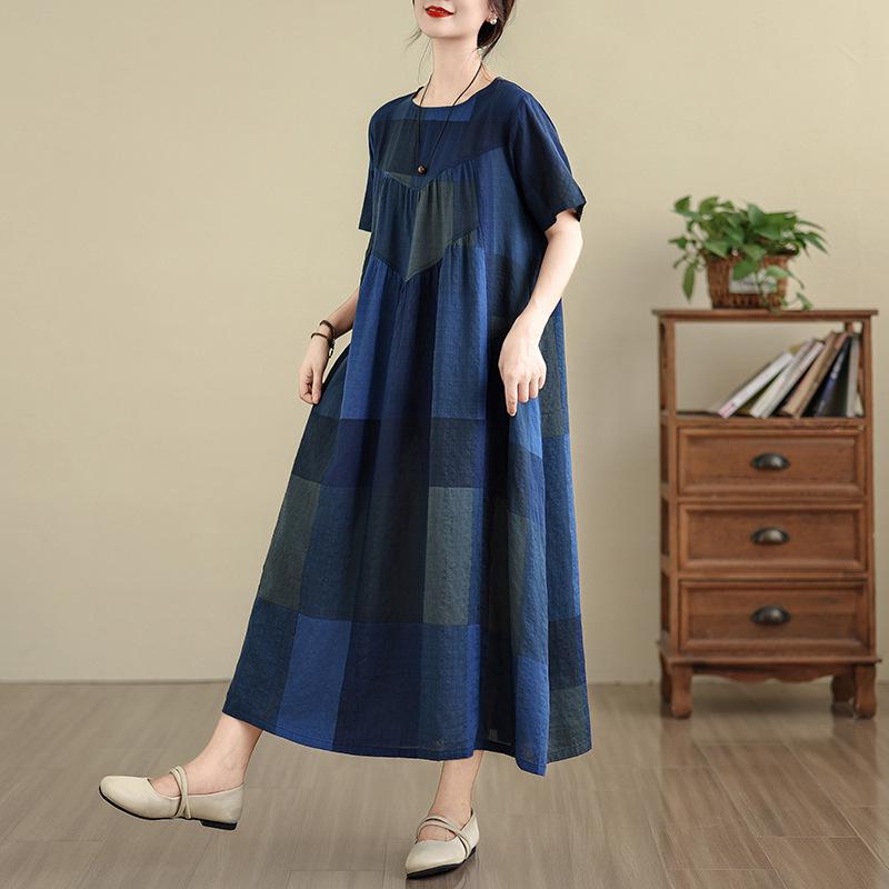 2025 Summer Retro Cotton Linen Patchwork Dress - Women s Loose Plus Size, Round Neck, Short Sleeve. One Size