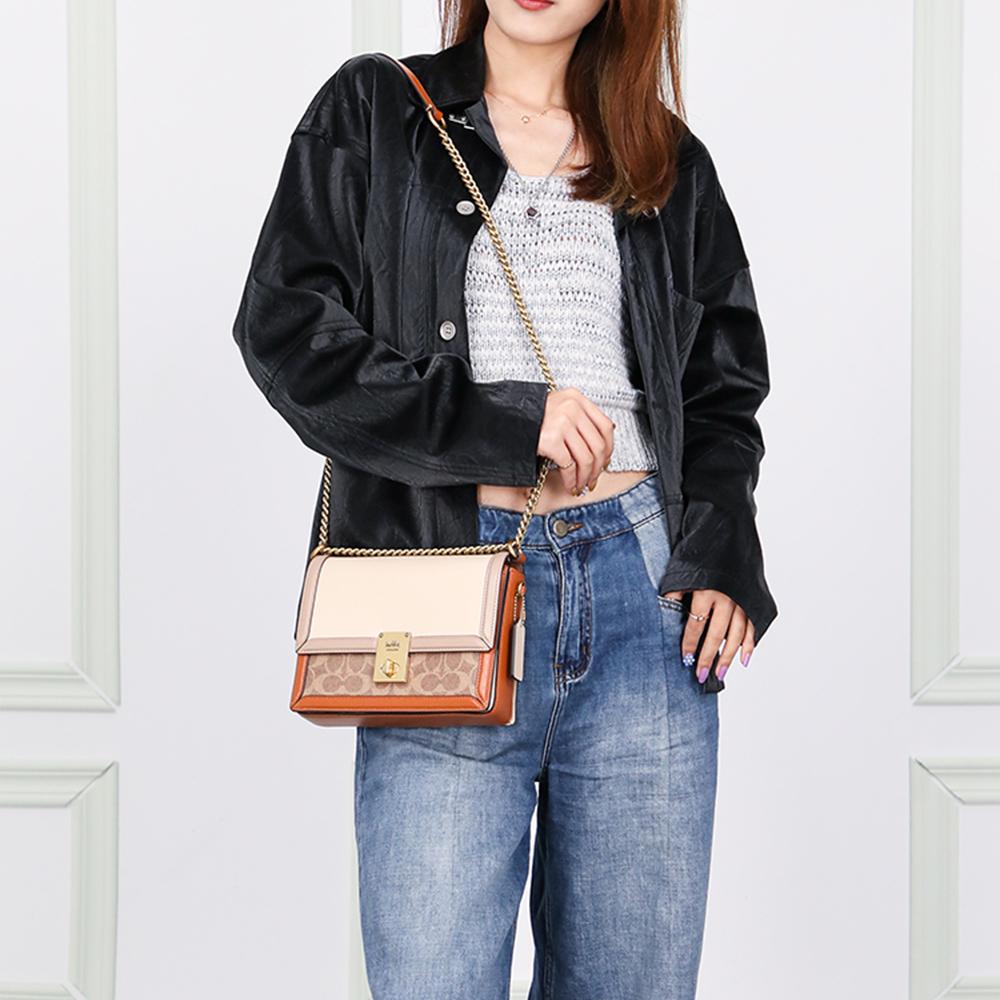 Coach Hutton Color Block Lock Closure Leather Small Square Chain Bag Women bags Brown White C2795-B4SD2