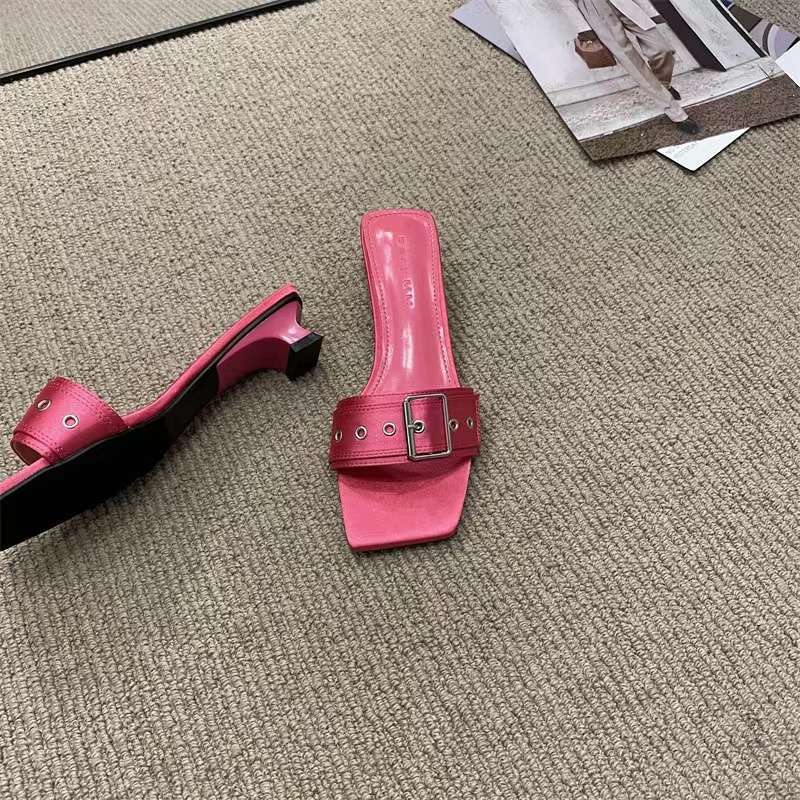 Korean Version of Square Head One-word Drag Rose Red Square Buckle Thin Belt Buckle Square Heel Temperament Low Heel Cool Slippers Women's Summer