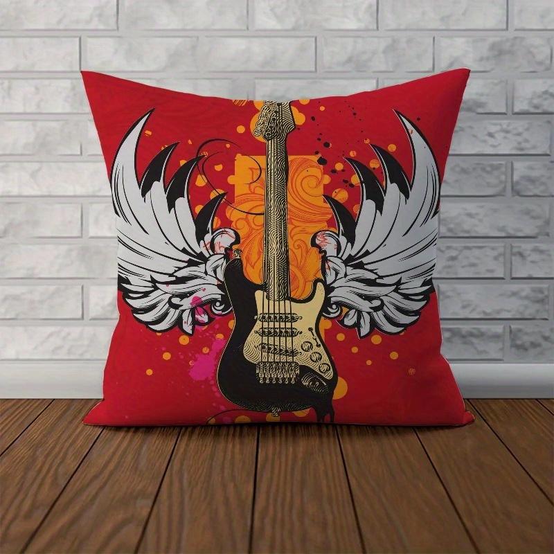 Home Decor Rock Guitar: Flame & Winged Bass Designs Pattern Cushion Cover Suitable for Sofa Bedroom Car Pillow Cover