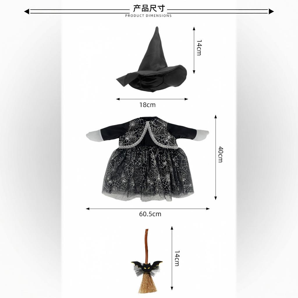 Mini Desktop Goose Set with Witch Costume Web Print Dress Hat and Broom for Decorative Display or Seasonal Tabletop Use