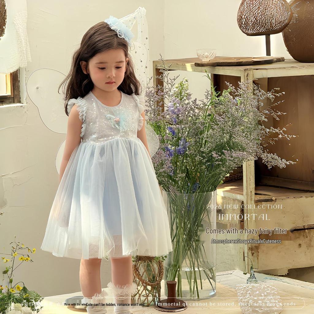 Size S/M/L 26 Summer Blue Princess Puffy Dress with Small Wings - Girls' Formal Birthday Dress