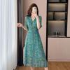 V-Neck Floral Print A-Line Midi Dress