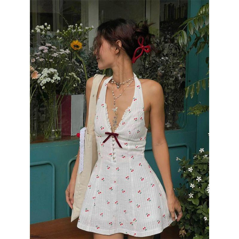 Twilight Summer Baili Sweet French Style Pure Desire Cherry Print Bows Sexy Open Back V-neck Halter a Word Dress