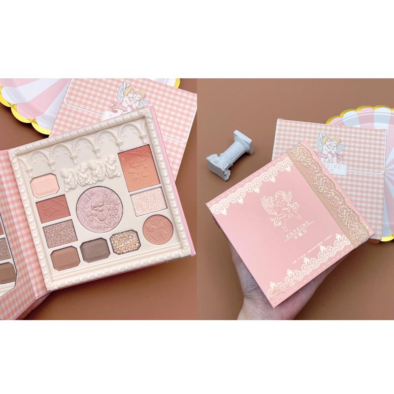 K'APEINE Ten-Color Angel Palette: Mysterious Embossed Eyeshadow, Highlighter, Blush, Contour, Matte & Pearlescent Shades.