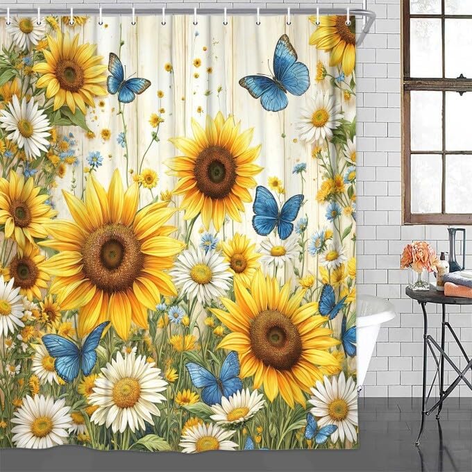 

Rustic Sunflower Shower Curtain, Farmhouse Country Yellow Floral Waterproof Decor, Bright Botanical Bathroom 90x180CM