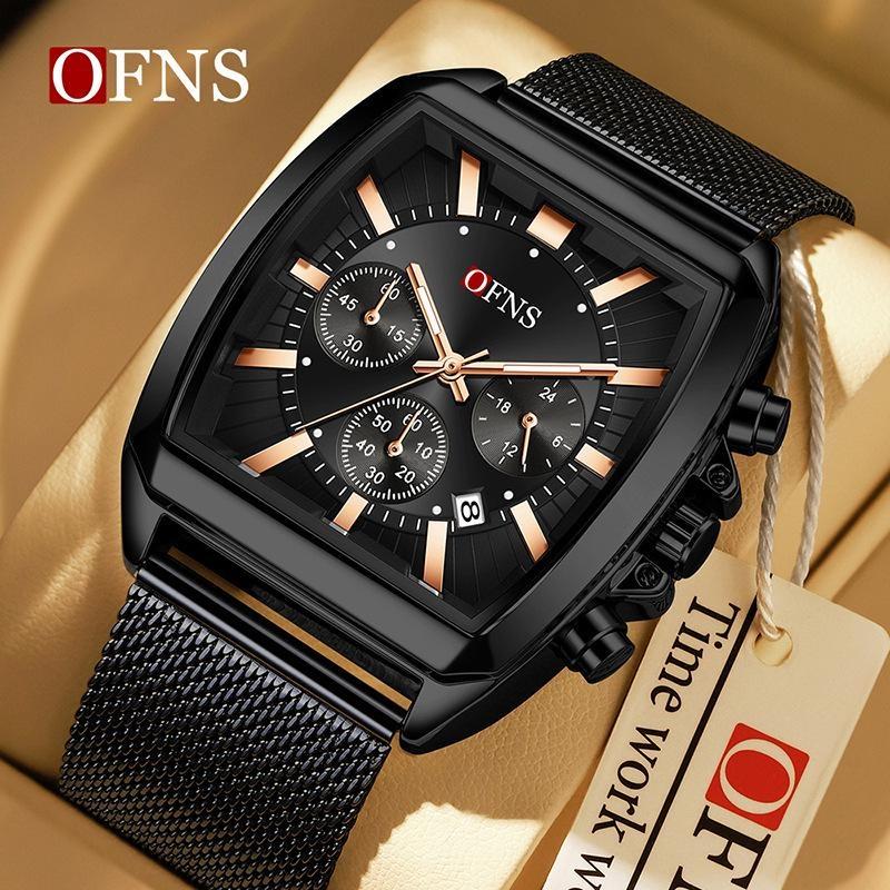 Herren Square Chronograph Armbanduhren Silikon-/Netzarmband, Luxuriöse Stilvolle Analoge Uhr für Arbeit & Streetwear