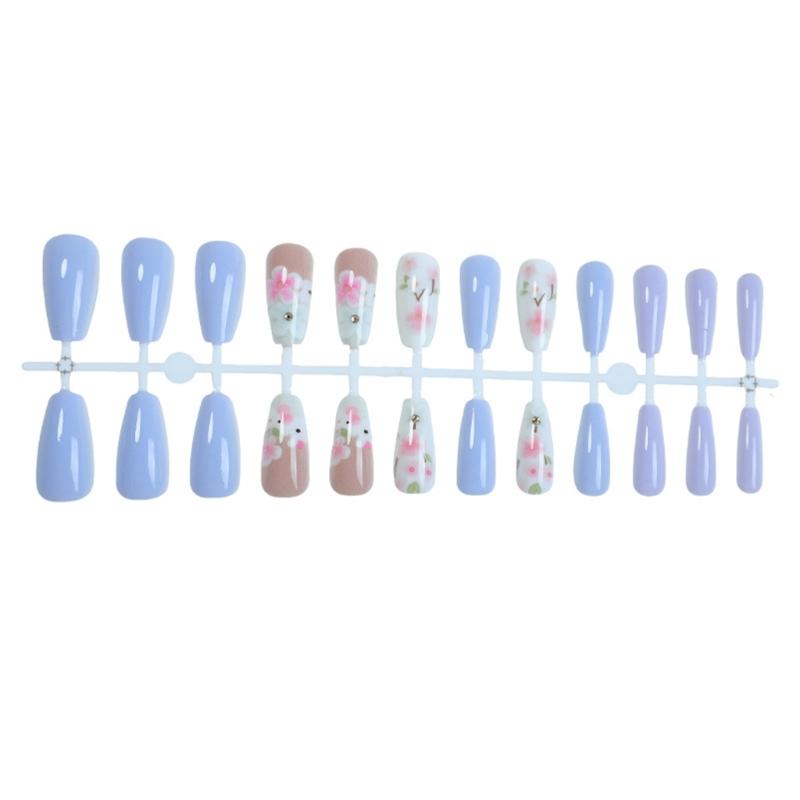24 Pcs Simple Artificial Nail Long Shape Full Cover False Nail Glossy Stick on Nail Flowers Press On Nail