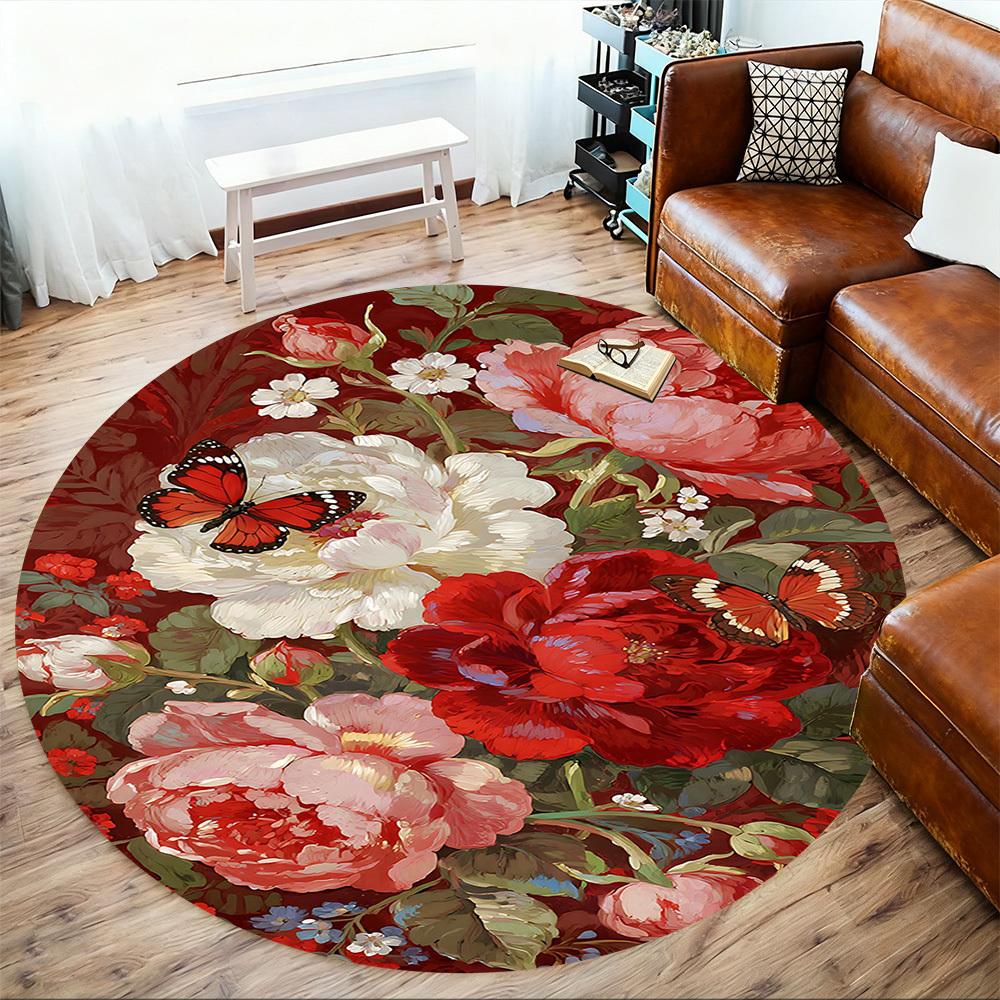 1pc Floral Butterfly Round Chair mat office Area Rug - Non-Slip, Floor Mat for Office, Bedroom, and Indoor Decor p127019